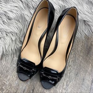 TOD’S Patent Leather Peep Toe Horse Bit Pumps